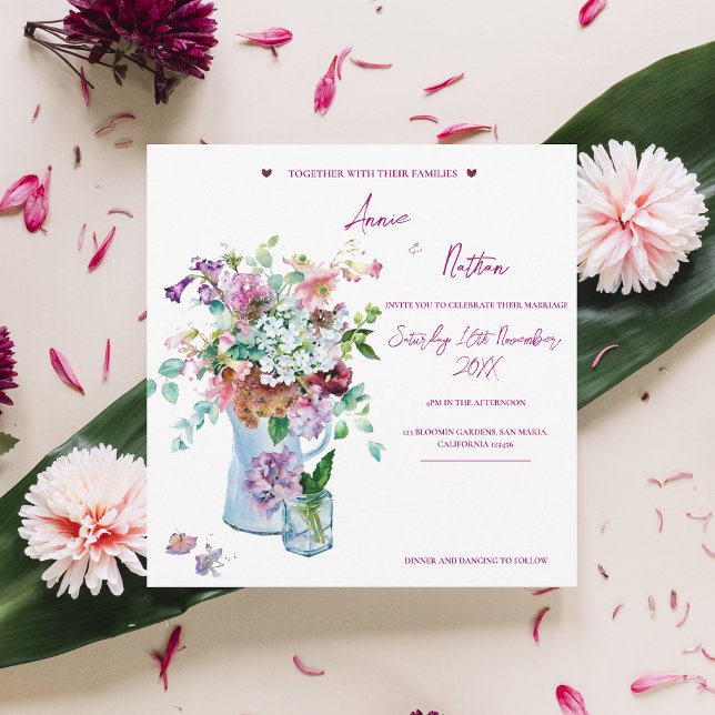 Cartes Pour Fêtes Annuelles Fleur sauvage Rose Aquarelle Floral Mariage Invita (Wildflower Pink Watercolor Floral Wedding Invite)