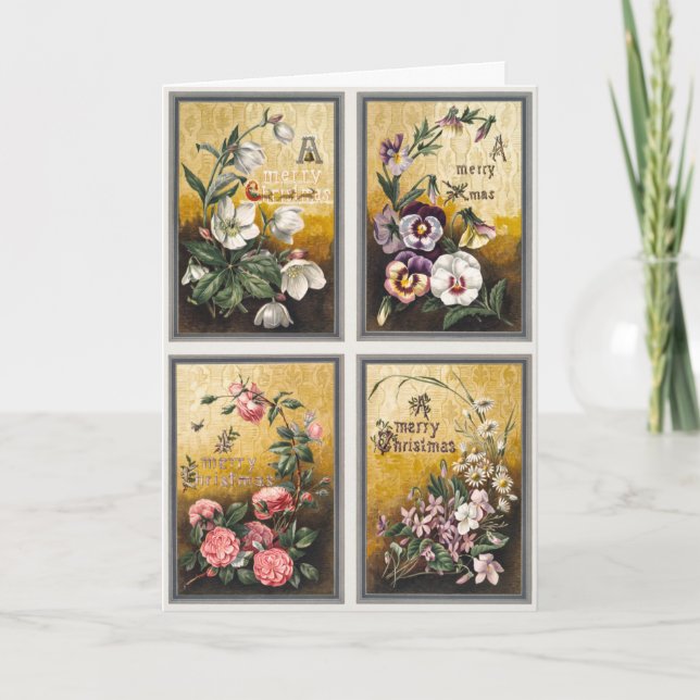 Cartes Pour Fêtes Annuelles Fleurs anciennes et rennes avec traîneau (1865–189 (Devant)