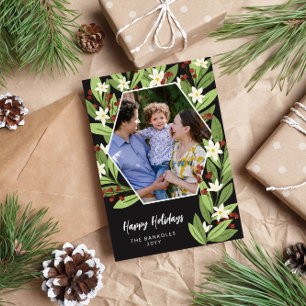 Cartes Pour Fêtes Annuelles Fleurs Blanches Baies Rouges Hexagone Joyeuses Fêt