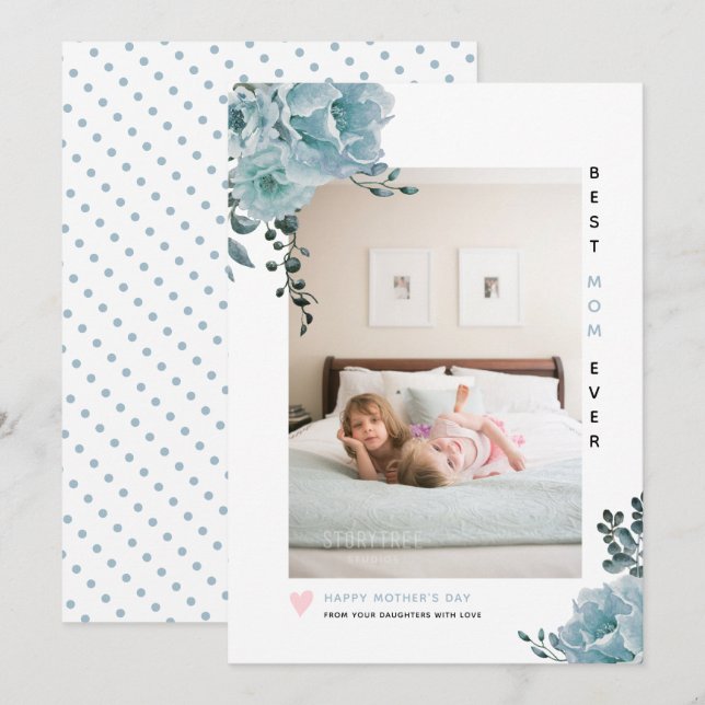 Cartes Pour Fêtes Annuelles Fleurs Bleues Meilleure maman Jamais Mère photo de (Devant / Derrière)