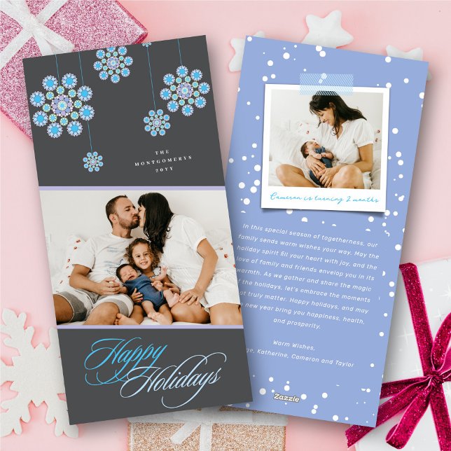 Cartes Pour Fêtes Annuelles Fleurs Bleues Ornementales Chic Joyeuses Vacances  (Blue Ornamental Elegant Dotted Flowers Happy Holidays Photo Holiday Card @ fat_fa_tin)