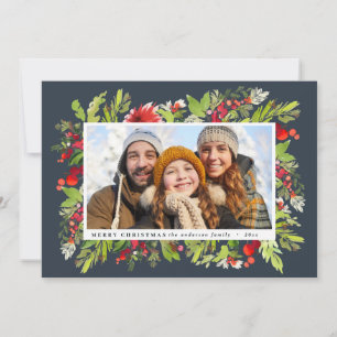 Cartes Pour Fêtes Annuelles Fleurs d'aquarelle traditionnelles + feuillage Noë