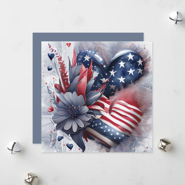 Cartes Pour Fêtes Annuelles Fleurs d'art de cœur patriotique américain (Devant/Arrière en situation)
