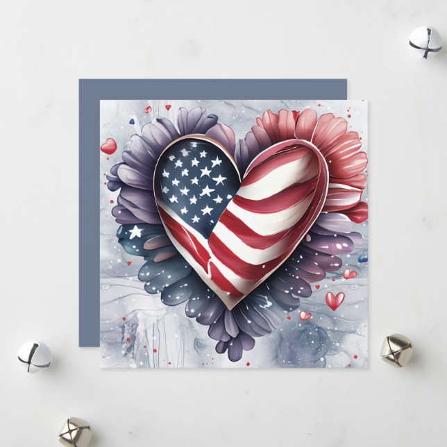 Cartes Pour Fêtes Annuelles Fleurs d'art de cœur patriotique américain (Devant/Arrière en situation)
