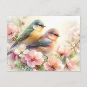 Cartes Pour Fêtes Annuelles Fleurs de cerisier pastel douce amour oiseaux