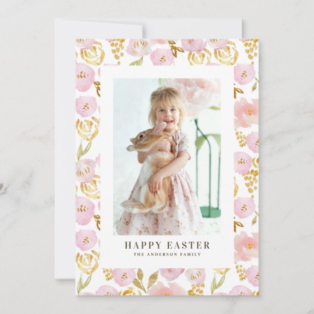 Cartes Pour Fêtes Annuelles Fleurs de Pâques roses et d'or (Devant)