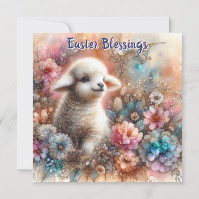 Cartes Pour Fêtes Annuelles Fleurs de printemps de l'agneau mignonne Pâques ch (Devant)