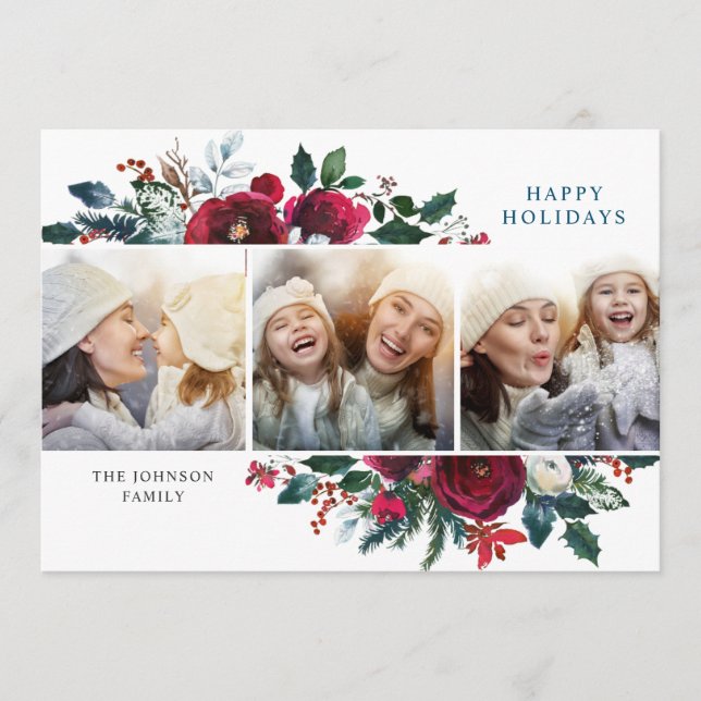 Cartes Pour Fêtes Annuelles Fleurs d'hiver de Noël élégantes 3 voeux photo (Devant)