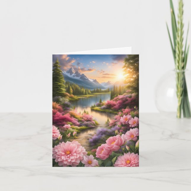 Cartes Pour Fêtes Annuelles Fleurs et paysage de rivière Fête des Mères (Devant)