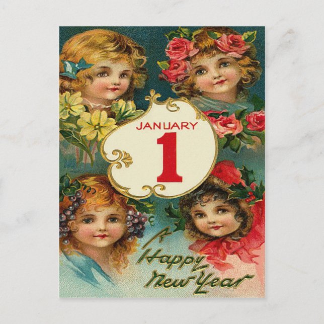 Cartes Pour Fêtes Annuelles Fleurs Filles 1er janvier Nouvel an (Devant)