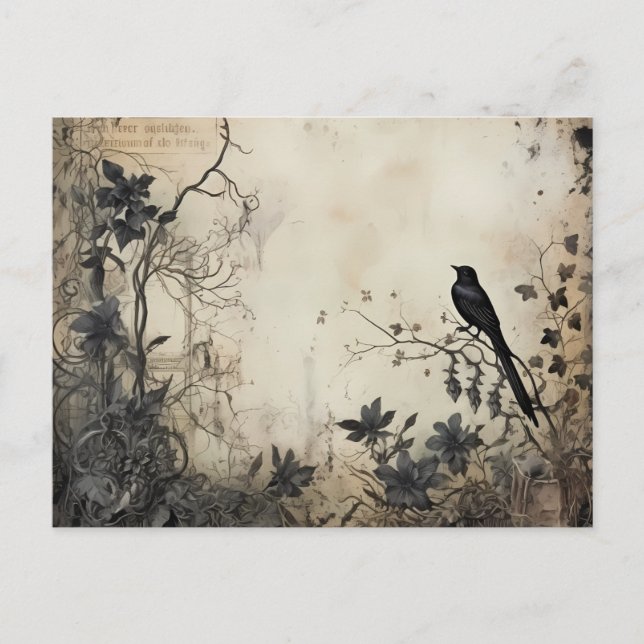Cartes Pour Fêtes Annuelles Fleurs noires antiques Déplaisant Oiseau noir Hall (Devant)