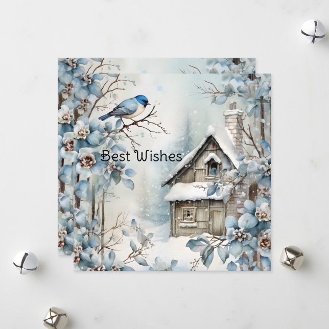 Cartes Pour Fêtes Annuelles Fleurs oiseaux maison ancienne bleu pastel Noël (Devant/Arrière en situation)