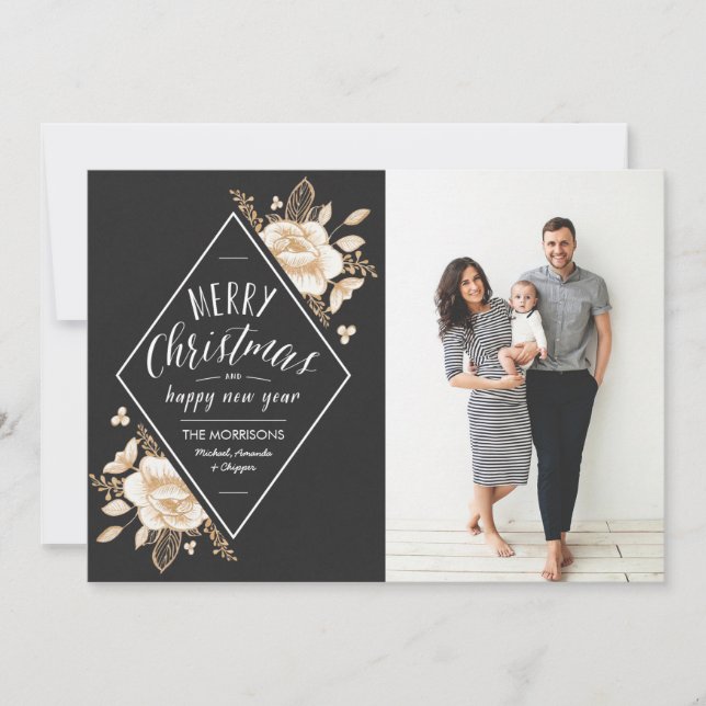 Cartes Pour Fêtes Annuelles Fleurs peintes en or Photo de Noël (Devant)