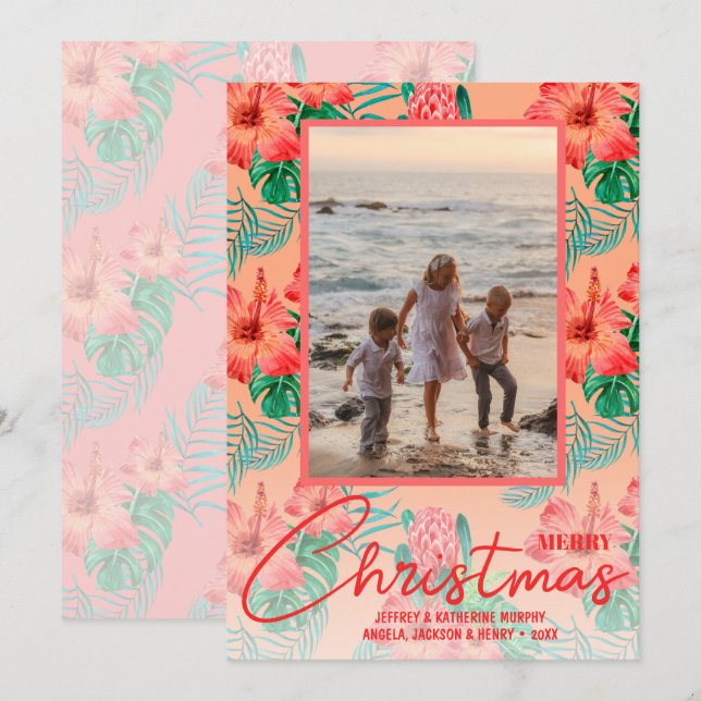 Cartes Pour Fêtes Annuelles Fleurs tropicales Joyeux Noël Photo (Devant / Derrière)