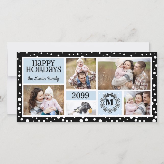 Cartes Pour Fêtes Annuelles Flocon de neige bleu et noir monogrammé (Devant)