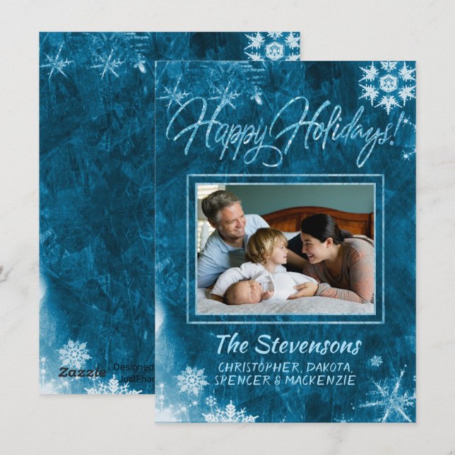 Cartes Pour Fêtes Annuelles Flocon de neige moderne Blue Grunge Photo Happy (Devant / Derrière)