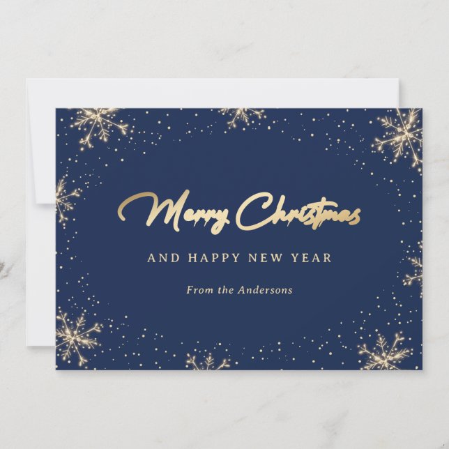 Cartes Pour Fêtes Annuelles Flocon de neige mousseux bleu et or (Devant)