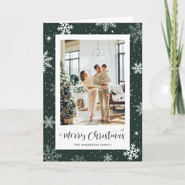 Cartes Pour Fêtes Annuelles Flocon de neige vert moderne photo Joyeux Noël (Devant)