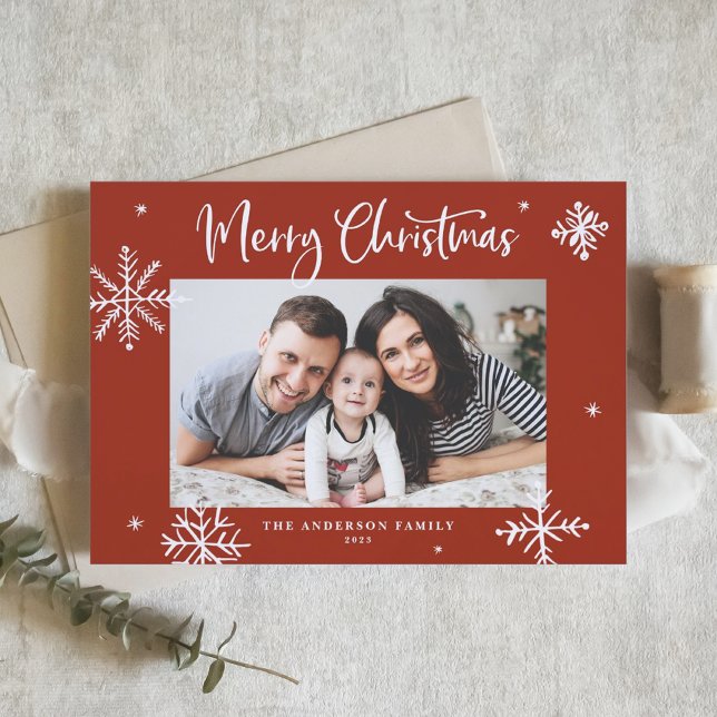 Cartes Pour Fêtes Annuelles Flocon de neige Whimsical Rouge Joyeux Noël Photo (Créateur téléchargé)