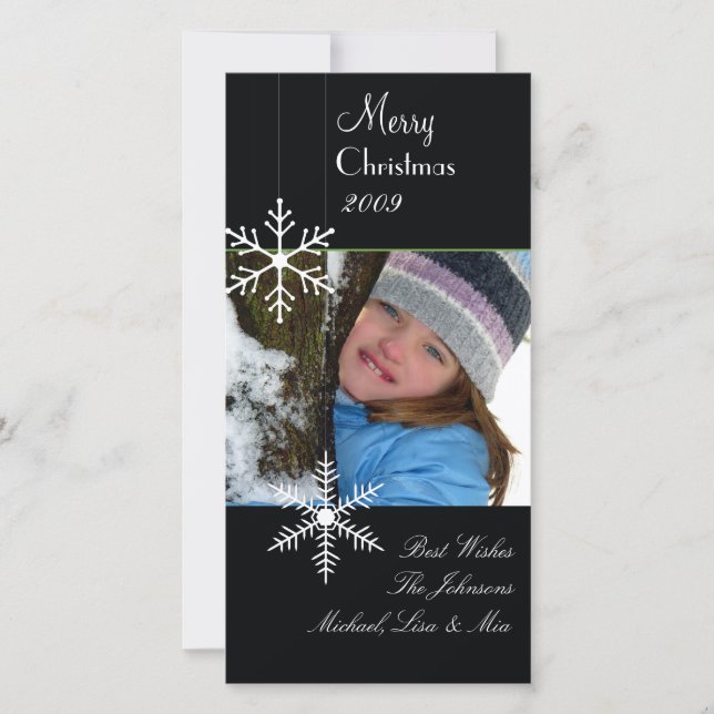 Cartes Pour Fêtes Annuelles Flocons ~ Noël noir et blanc, garniture verte (Devant)