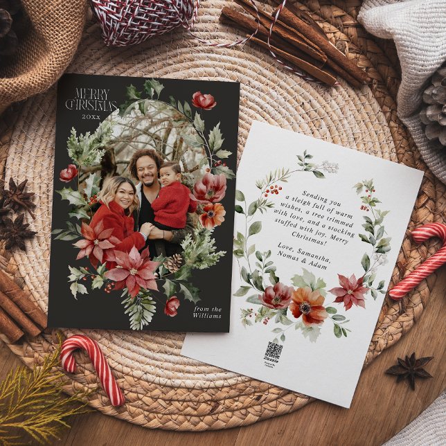 Cartes Pour Fêtes Annuelles Floral Elegant Aquarelle Joyeux Noël Photo (Créateur téléchargé)