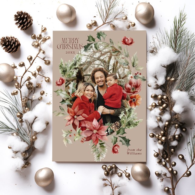Cartes Pour Fêtes Annuelles Floral Elegant Aquarelle Joyeux Noël Photo (Créateur téléchargé)