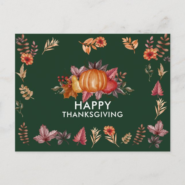 Cartes Pour Fêtes Annuelles Floral Emerald Green Thanksgiving Dîner (Devant)