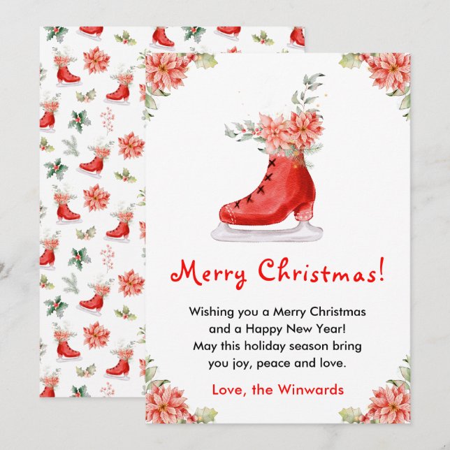 Cartes Pour Fêtes Annuelles Floral Ice Skate Red Merry Christmas (Devant / Derrière)