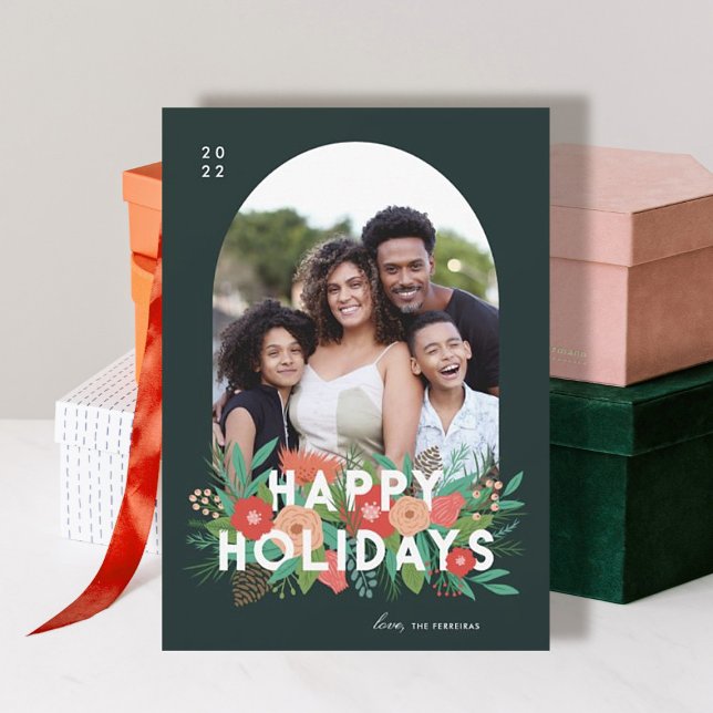 Cartes Pour Fêtes Annuelles Floral moderne Happy Holidays Arch Photo (Créateur téléchargé)