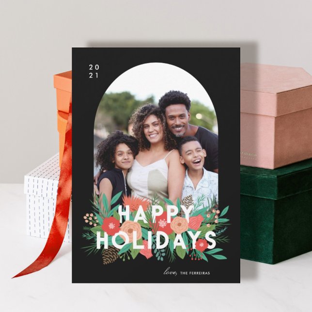 Cartes Pour Fêtes Annuelles Floral moderne Happy Holidays Arch Photo (Créateur téléchargé)