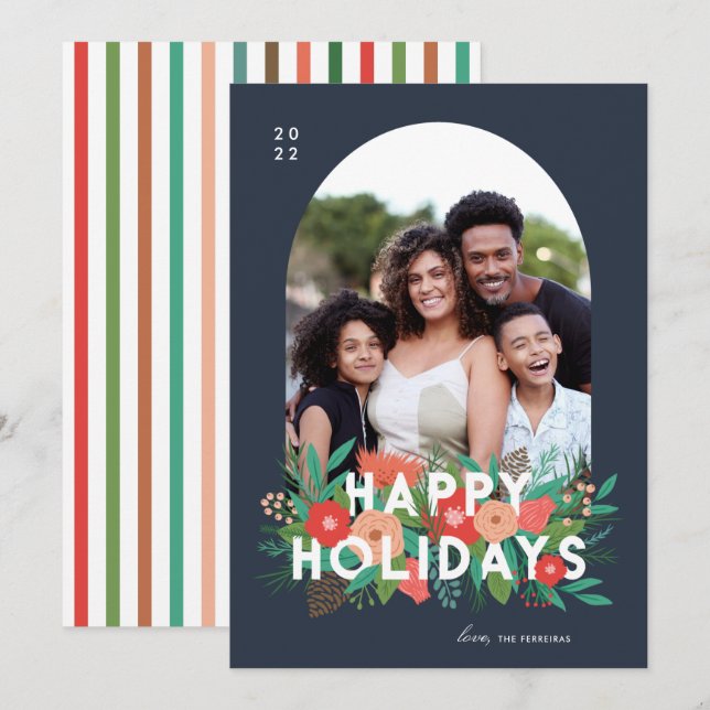 Cartes Pour Fêtes Annuelles Floral moderne Happy Holidays Arch Photo (Devant / Derrière)