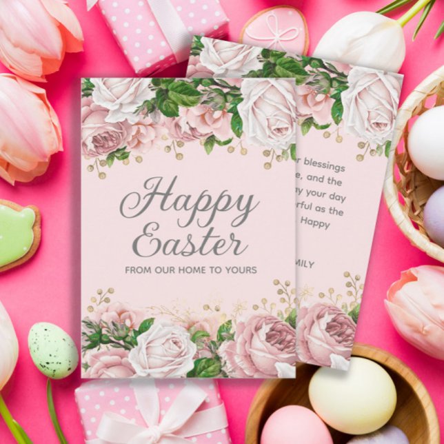 Cartes Pour Fêtes Annuelles Floral or rose pâle Joyeux Pâques (Pink roses/floral "Happy Easter" greeting card)