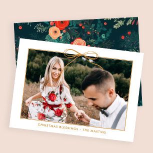 Cartes Pour Fêtes Annuelles Floral White Gold Bow Photo Noël