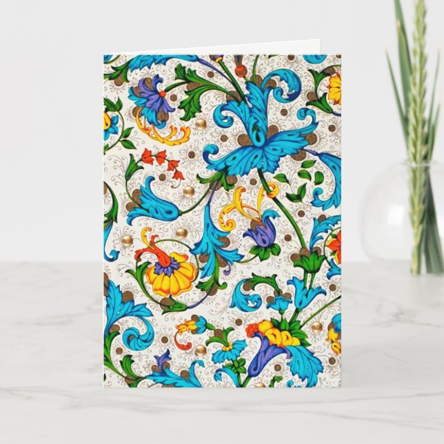 CARTES POUR FÊTES ANNUELLES FLORENTINE RENAISSANCE BLEU FLORAL SWIRLS, FLEURS (Devant)