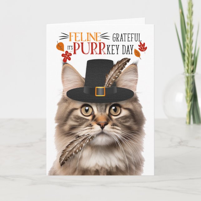 Cartes Pour Fêtes Annuelles Fluffy Tabby Cat Feline Grateful pour PURRkey Day (Devant)