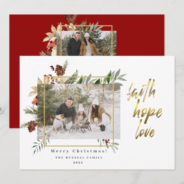 Cartes Pour Fêtes Annuelles Foi Elégante Hope Love Photo épicée-Rouge Noël (Devant / Derrière)