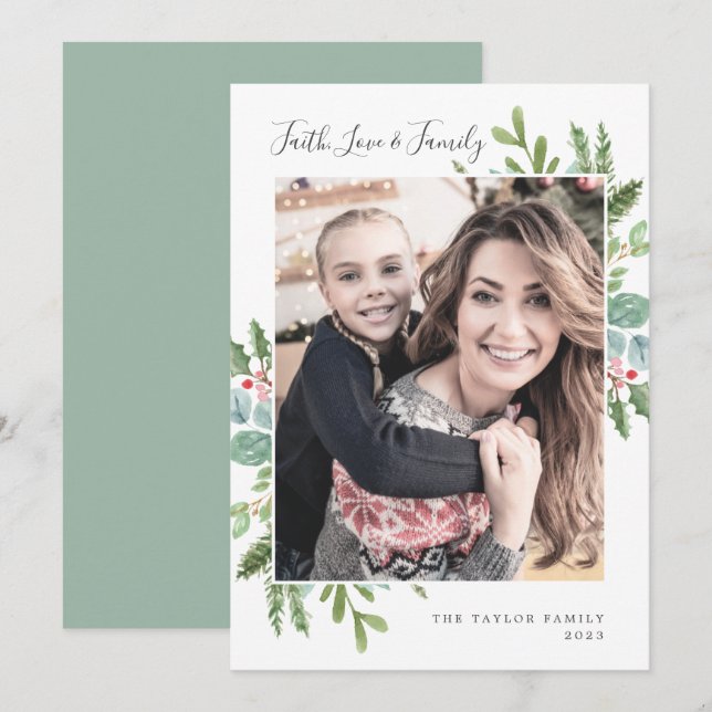 Cartes Pour Fêtes Annuelles Foi verte Amour et photo de famille (Devant / Derrière)