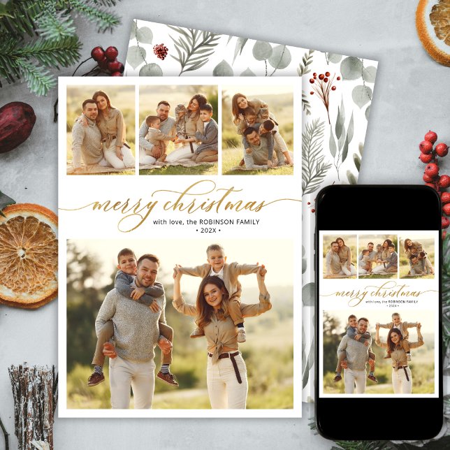 Cartes Pour Fêtes Annuelles Foliage de script moderne 4 Multi Photo Noël (Créateur téléchargé)