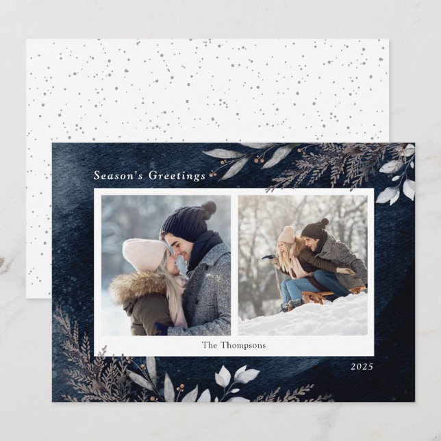 Cartes Pour Fêtes Annuelles Foliage d'hiver Marine Bleu Aquarelle 2 Photos Vac (Devant / Derrière)