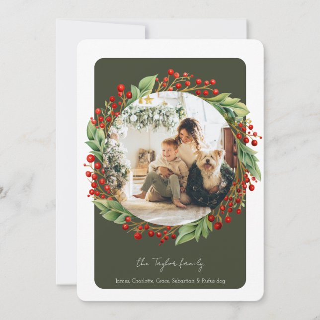 Cartes Pour Fêtes Annuelles Foliole d'hiver vert de Noël avec baies Photo (Devant)