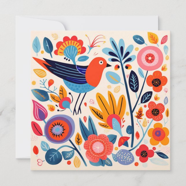 Cartes Pour Fêtes Annuelles Folk Art Nordic Floral Bird (Devant)