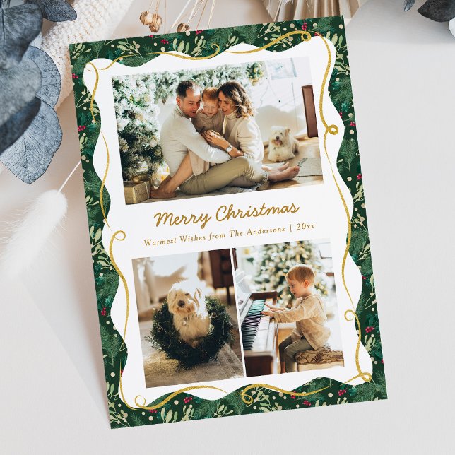 Cartes Pour Fêtes Annuelles Forest Green Gold Botanical Christmas 3 Photo (Créateur téléchargé)