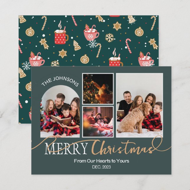Cartes Pour Fêtes Annuelles Forest Green Gold Script Christmas Modern Collage (Devant / Derrière)