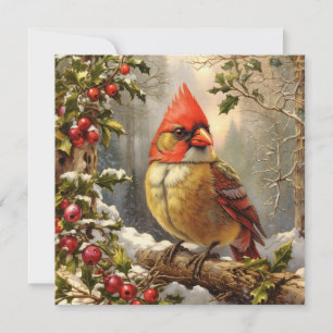 Cartes Pour Fêtes Annuelles Forêt de Noël avec Berry Holly, Oiseau, Hiver