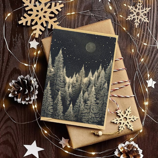 Cartes Pour Fêtes Annuelles Forêt de Noël Noire & Blanc Forêt Lune Arbres (Créateur téléchargé)