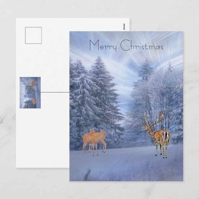 Cartes Pour Fêtes Annuelles Forêt hivernale magique avec cerf, Noël vacances (Devant / Derrière)