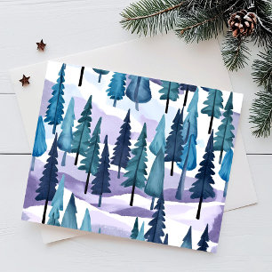 Cartes Pour Fêtes Annuelles Forêt hivernale neige   Aquarelle de Noël pourpre