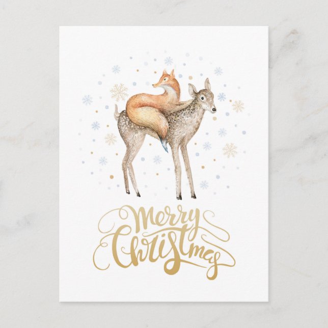Cartes Pour Fêtes Annuelles Fox Deer hiver neige Joyeux Noël (Devant)