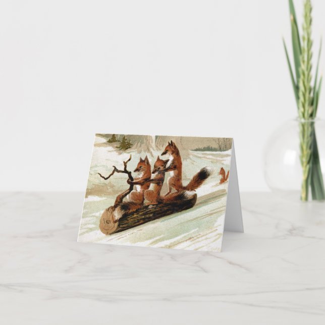 Cartes Pour Fêtes Annuelles Fox Sleigh Ride Vintage Print (Devant)