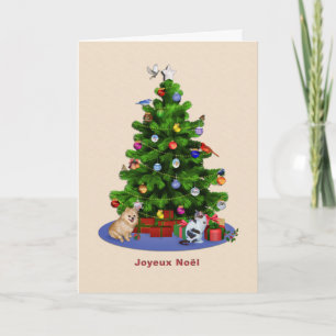 Cartes Pour Fêtes Annuelles Français, Joyeux sapin de Noël, Oiseaux, Chat, Chi
